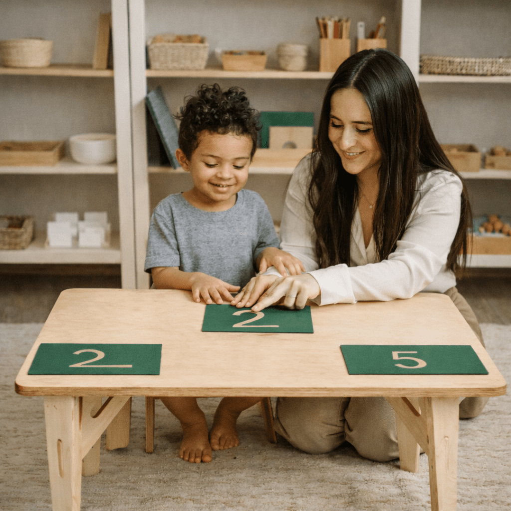 mother and son trace the sandpaper numbers