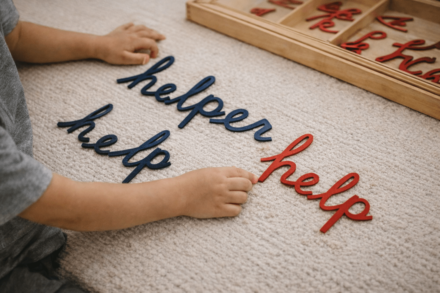 Child conjugating the verb help with the cursive movable alphabet