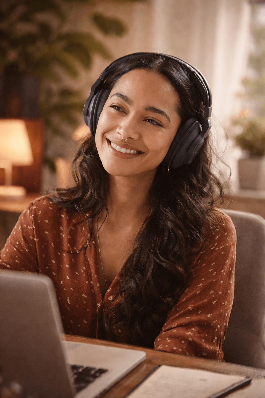 Content creator with headphones on sits in front of a computer and smiles confidently