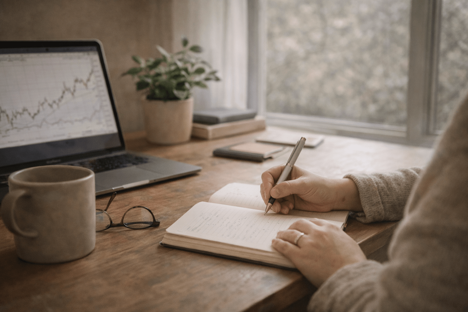 adult working on a desk writing in a journal
