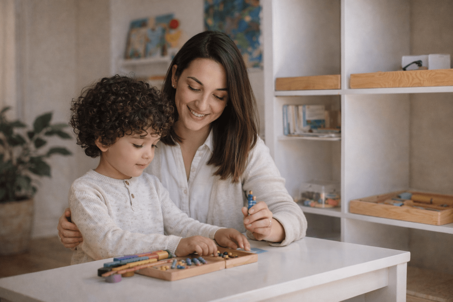 mother coloring with son