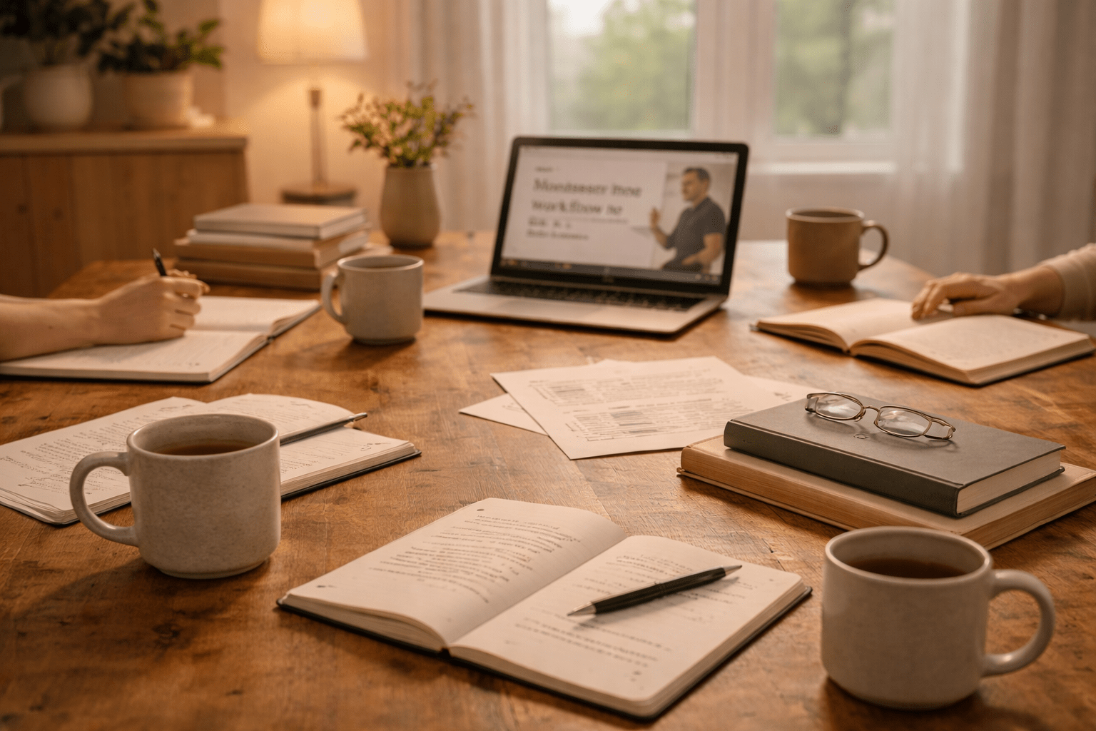 table with adult learners watching insruciton on a computer and taking notes
