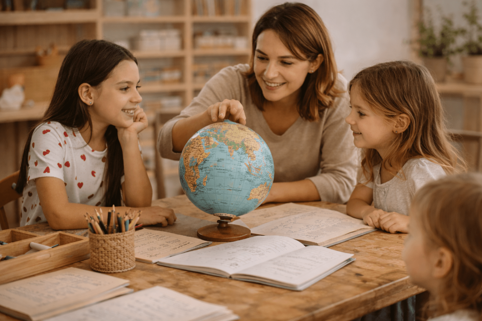montessori teacher points at a globe to teach a group of mixed aged students
