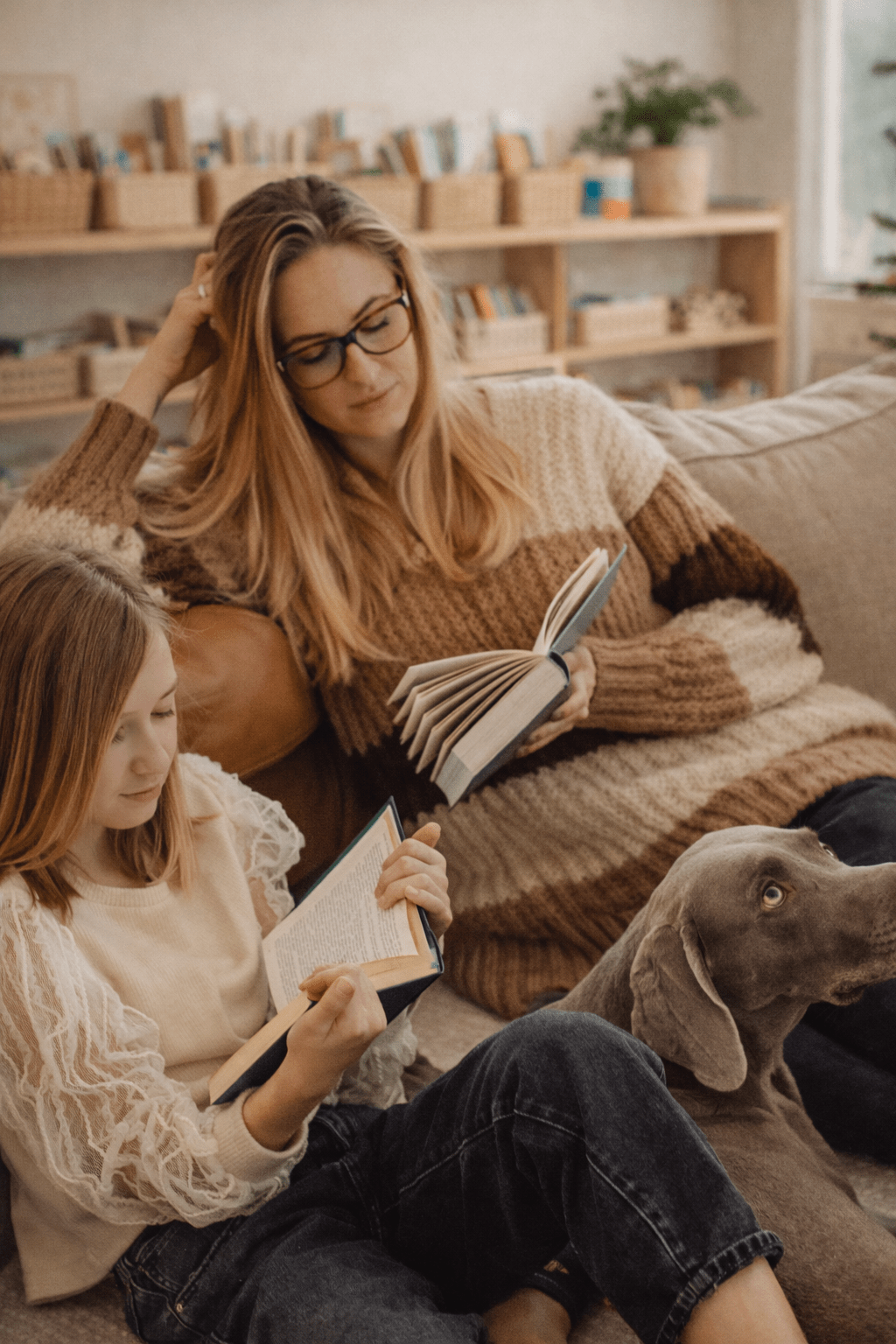mother and daughter reading together with pup at their feet