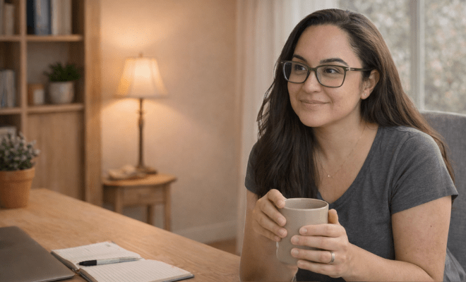 Lynda Smiling Gently holding a Cup of coffee - welcoming