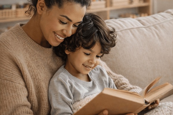 Mother and child reading together in Montessori homeschool setting